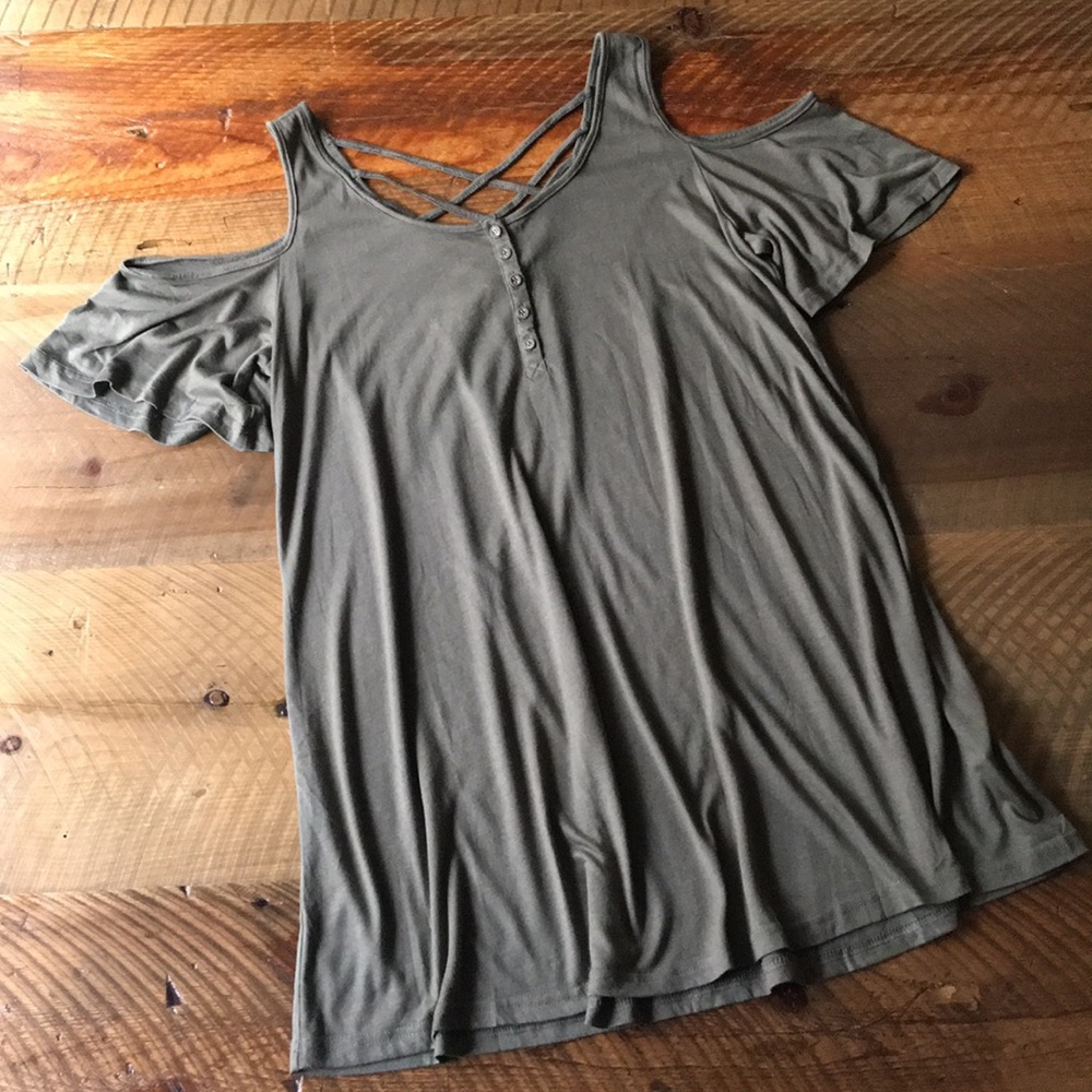 SHE + SKY Cold Shoulder Olive Green T-Shirt Dress